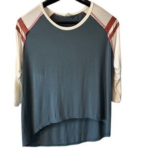POL‎ Teal Raglan Baseball Top with Rust Stripes Casual Athletic 3/4 Sleeve M
